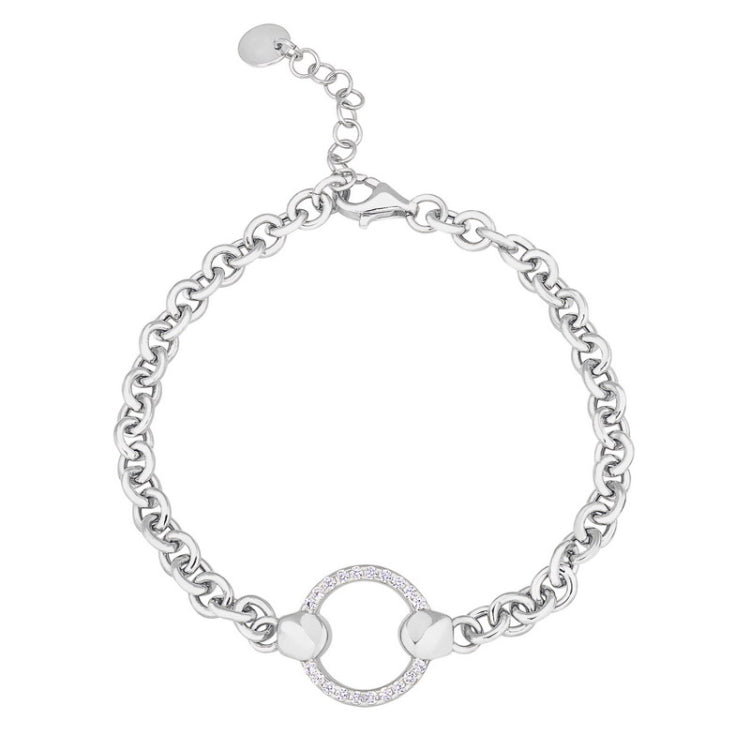 Platinum finish sterling silver micropave cable link bracelet with a central open circle with simulated diamonds adjustable