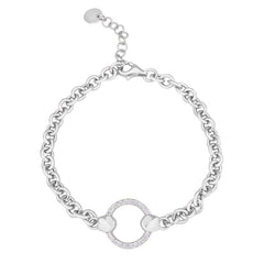Platinum finish sterling silver micropave cable link bracelet with a central open circle with simulated diamonds adjustable