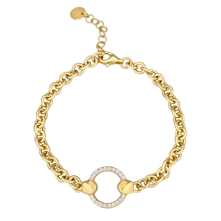 Gold finish sterling silver micropave cable link bracelet with a central open circle with simulated diamonds - adjustable