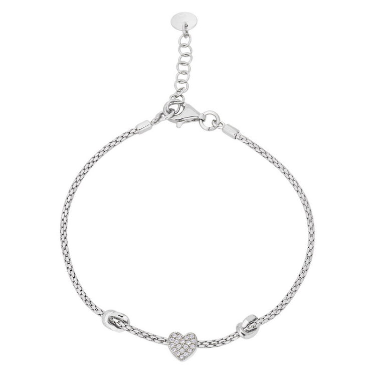Platinum finish sterling silver bracelet with two knots and a central heart with simulated diamonds - adjustable 7.5 -8.5