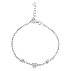 Platinum finish sterling silver bracelet with two knots and a central heart with simulated diamonds - adjustable 7.5 -8.5