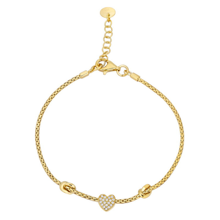 Gold finish sterling silver bracelet with two knots and a central heart with simulated diamonds - adjustable 7.5 -8.5