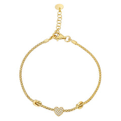 Gold finish sterling silver bracelet with two knots and a central heart with simulated diamonds - adjustable 7.5 -8.5