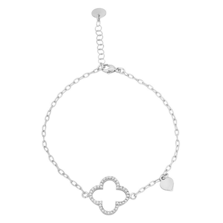 Platinum finish sterling silver micropave cable link bracelet with a central clover with simulated diamonds - adjustable