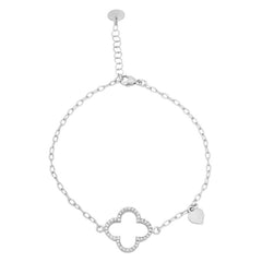 Platinum finish sterling silver micropave cable link bracelet with a central clover with simulated diamonds - adjustable