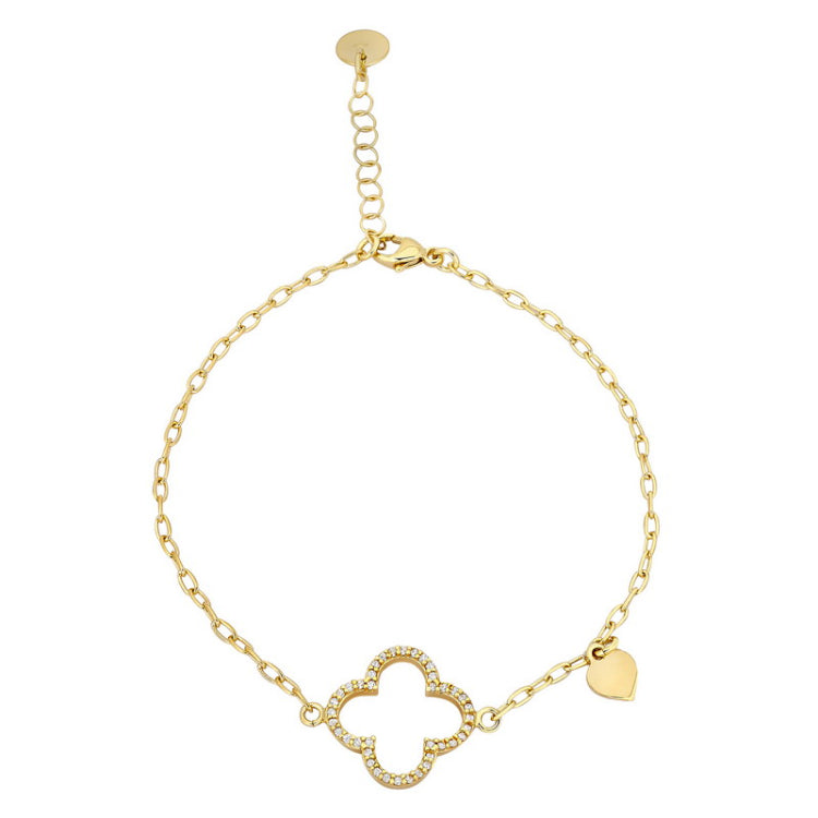 Gold finish sterling silver micropave cable link bracelet with a central clover with simulated diamonds adjustable 7.5 -8.5