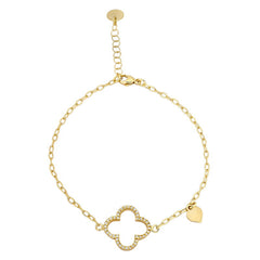 Gold finish sterling silver micropave cable link bracelet with a central clover with simulated diamonds adjustable 7.5 -8.5