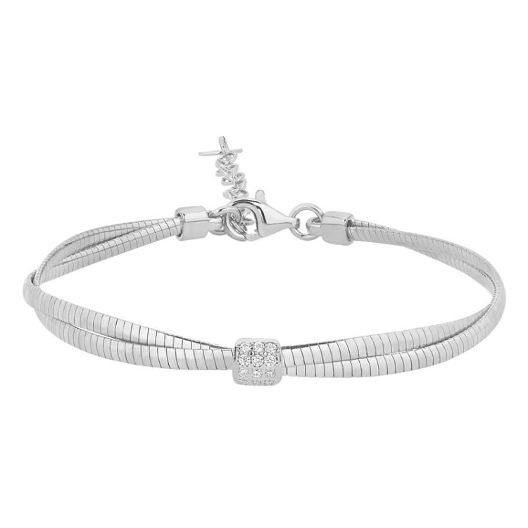Platinum finish sterling silver micropave double omega bracelet with a central square with simulated diamonds - adjustable