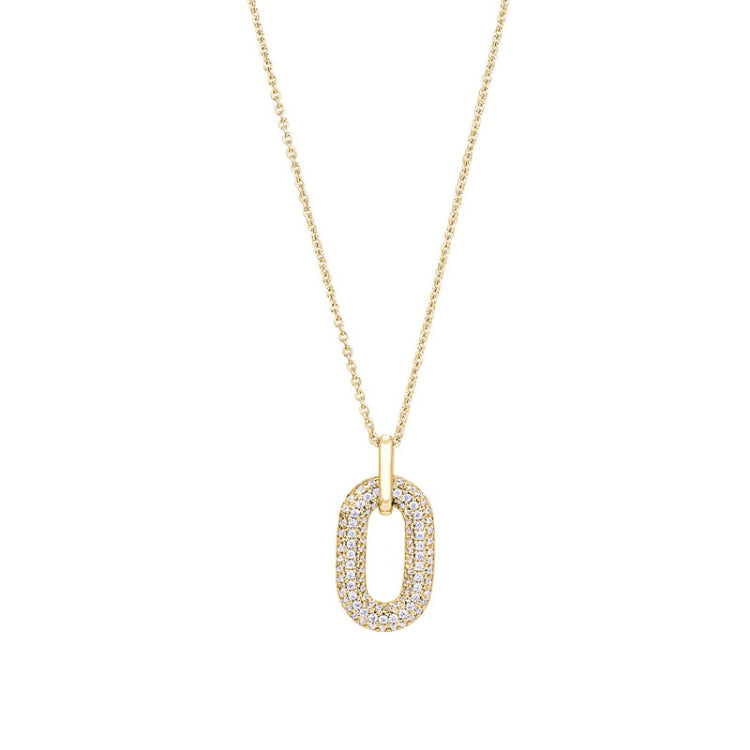 Gold vermeil finish sterling silver micropave open oval pendant with simulated  diamonds on 16 - 18 adjustable chain