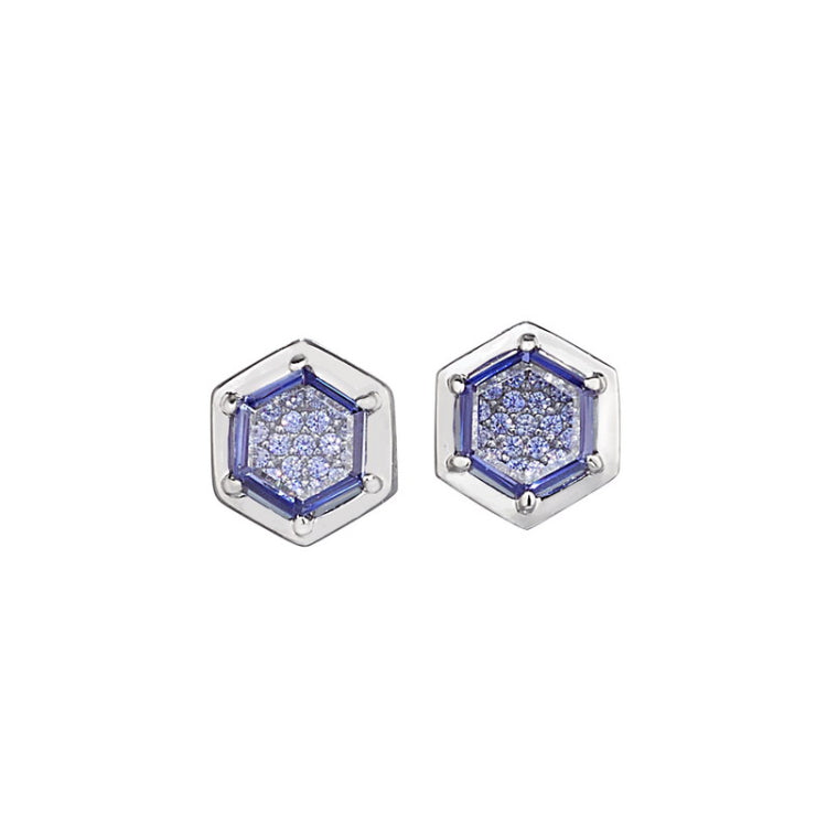 Platinum finish sterling silver flat hexagon synthetic tanzanite earrings with synthetic diamonds