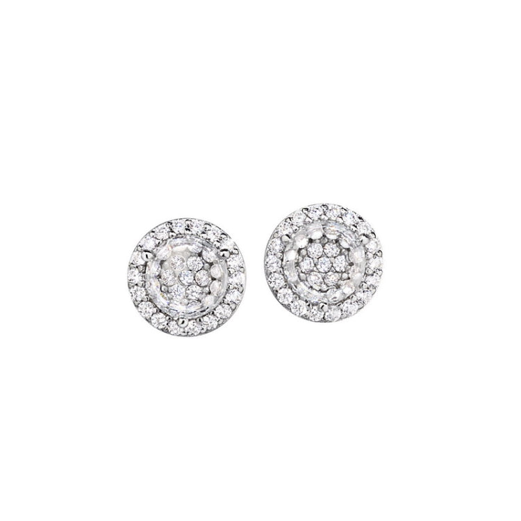 Platinum finish sterling silver micropave round earrings with simulated diamonds