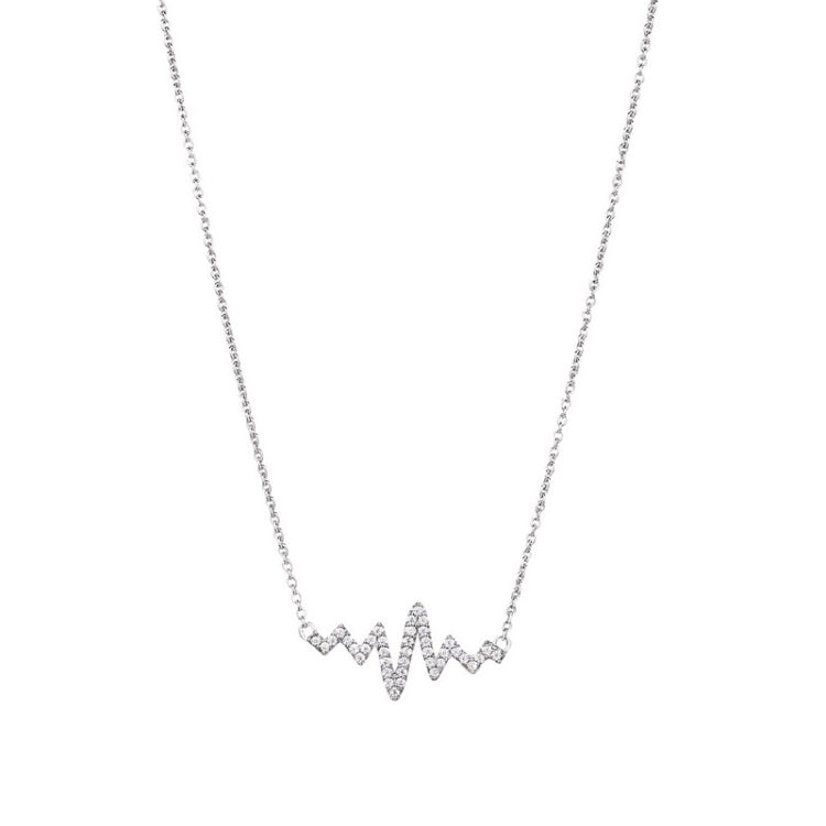 Platinum finish sterling silver micropave heartbeat necklace with simulated diamonds 16 - 18 adjustable cable chain