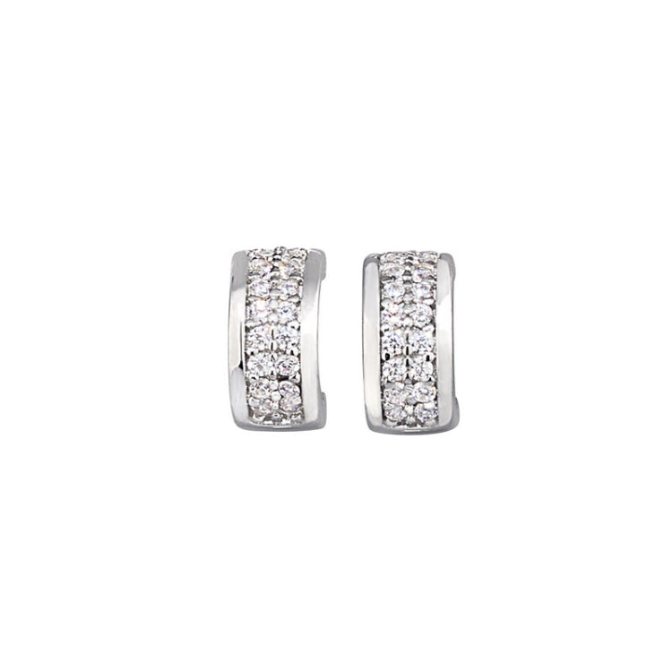 Platinum finish sterling silver micropave huggie earrings with 2 rows of simulated  diamonds
