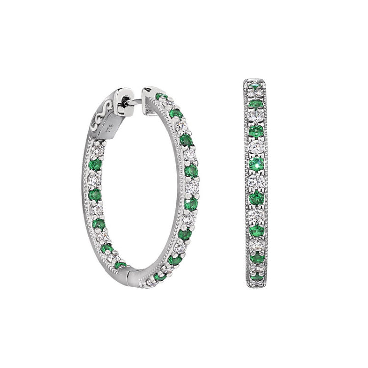 Platinum finish sterling silver micropave hoop earrings with simulated emeralds and simulated  diamonds