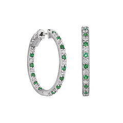 Platinum finish sterling silver micropave hoop earrings with simulated emeralds and simulated  diamonds