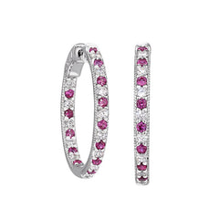 Platinum finish sterling silver micropave hoop earrings with simulated rubies and simulated  diamonds