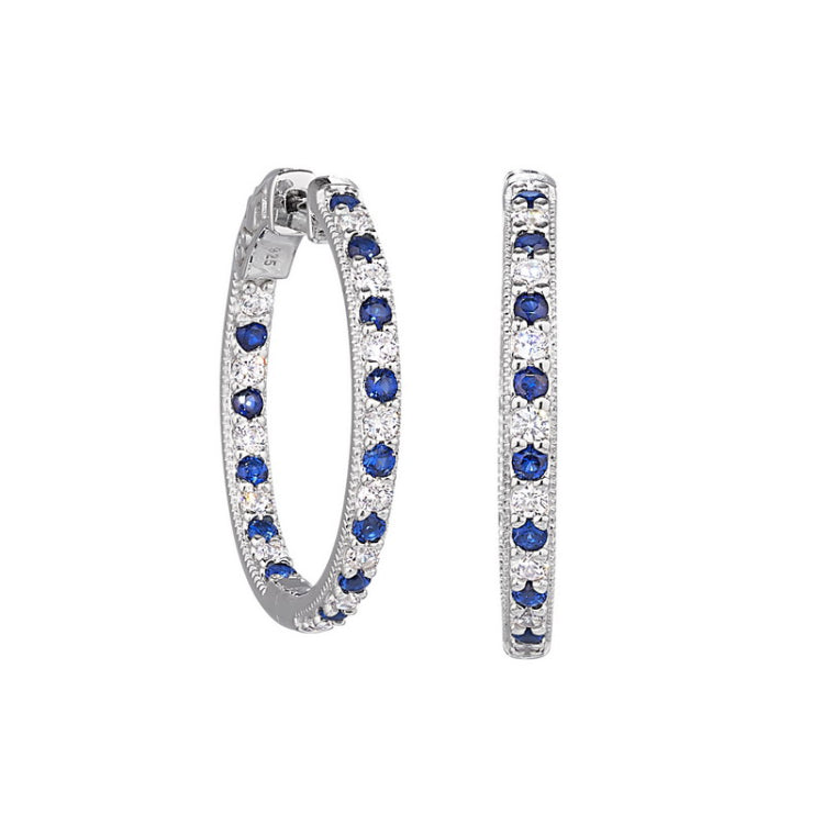Platinum finish sterling silver micropave hoop earrings with simulated sapphires and simulated  diamonds