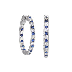 Platinum finish sterling silver micropave hoop earrings with simulated sapphires and simulated  diamonds