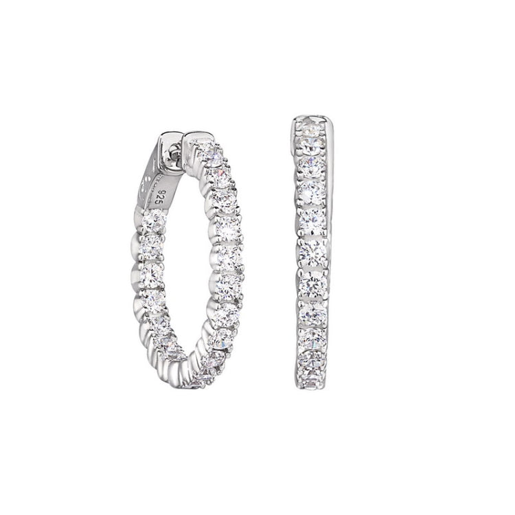 Platinum finish sterling silver micropave 2.5  hoop earrings with simulated  diamonds