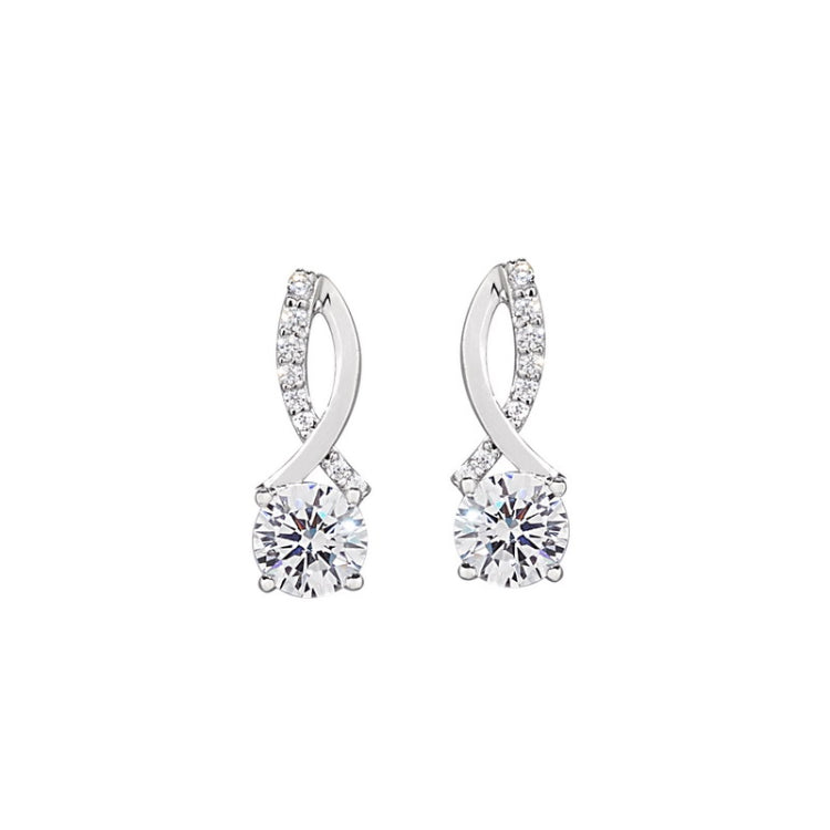 Platinum finish sterling silver micropave simulated diamond ribbon earrings with  a round solitaire simulated diamond