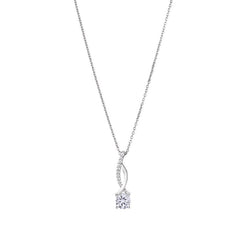 Platinum finish sterling silver diamond ribbon pendant with  a round solitaire simulated diamond on 16 - 18 adjustable chain