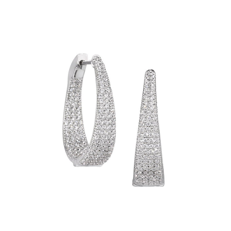Platinum finish sterling silver micropave hoop earrings with graduated simulated diamonds