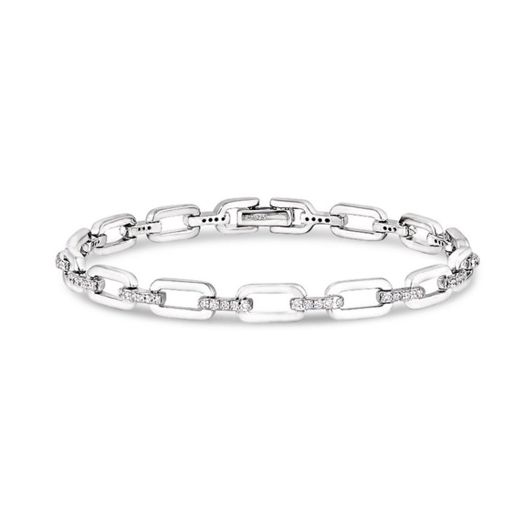 Platinum finish sterling silver micropave open links bracelet with simulated diamonds.  - 7.5