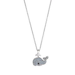 Platinum finish sterling silver micropave whale pendant with light blue stones on 16 - 18 adjustable chain