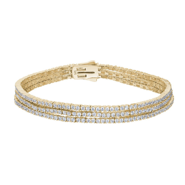 gold vermeil sterling silver three row  bracelet with simulated diamonds - 7.25