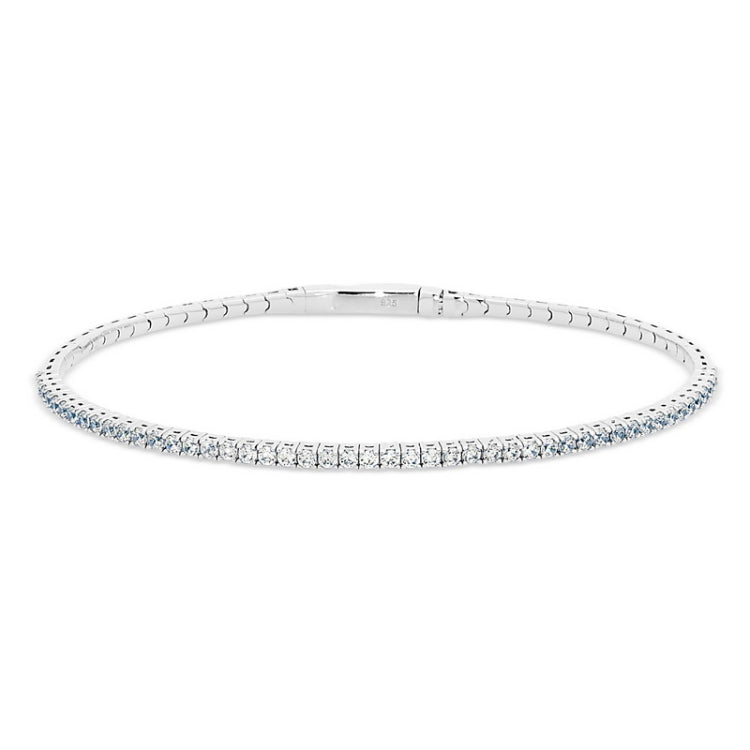 Platinum Finish Sterling Silver Single Row Flexible Bracelet with 1.75mm Simulated Diamonds