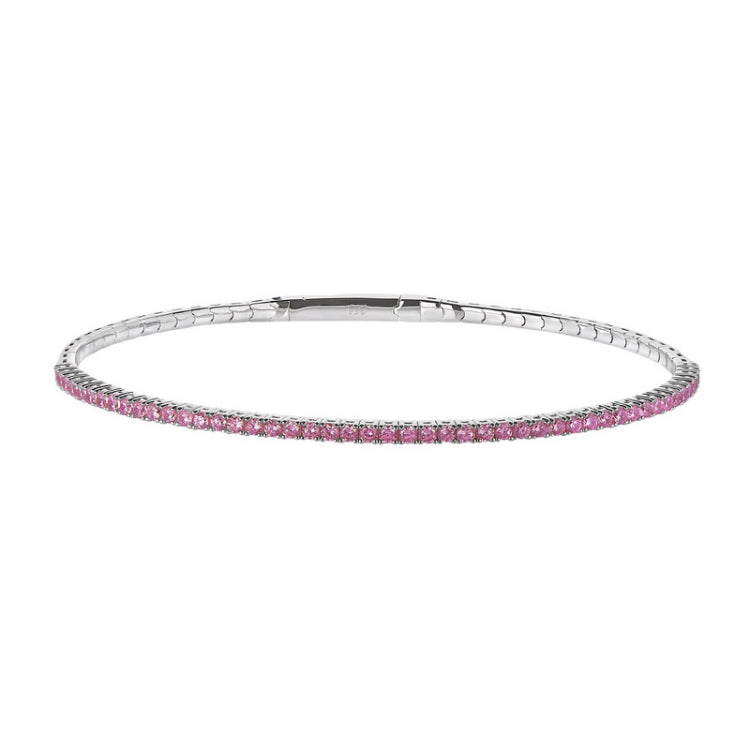 Platinum Finish Sterling Silver Single Row Pink Simulated Sapphire Birthstones