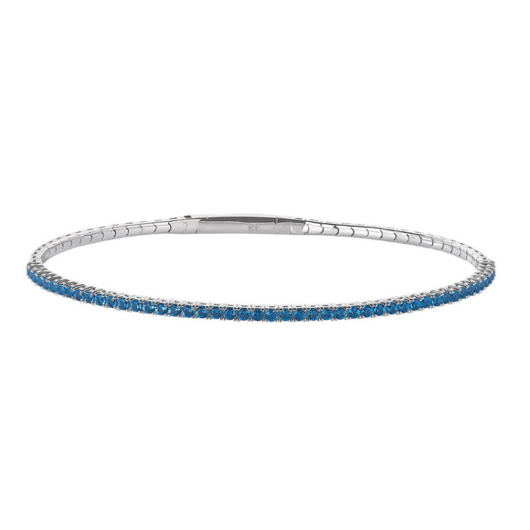 Platinum Finish Sterling Silver Single Row Simulated Blue Topaz Birthstones