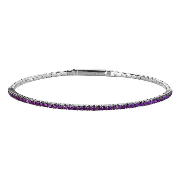 Platinum Finish Sterling Silver Single Row Flexible Bracelet with 1.75mm Simulated Amethyst Birthstones