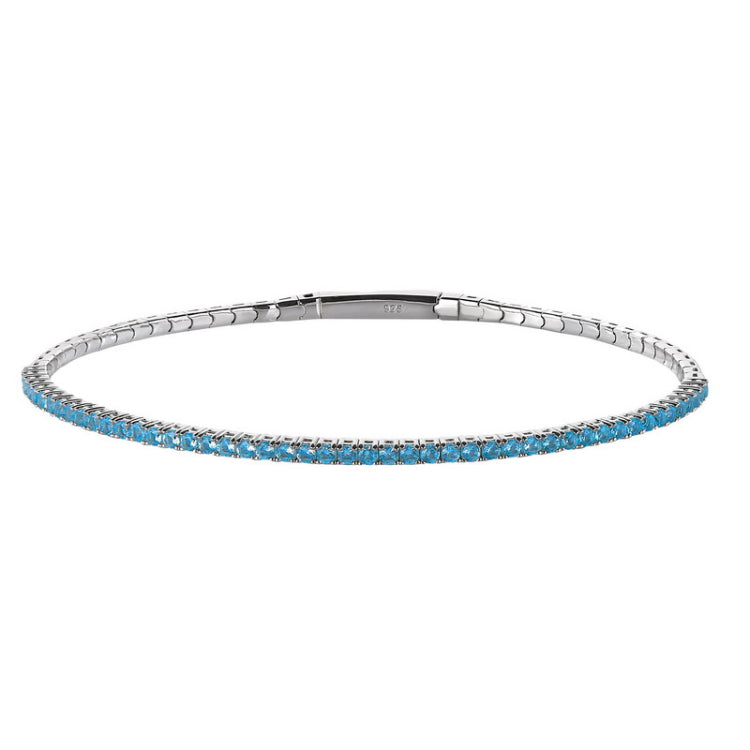 Platinum Finish Sterling Silver Single Row Flexible Bracelet with 1.75mm Simulated Aquamarine Birthstones