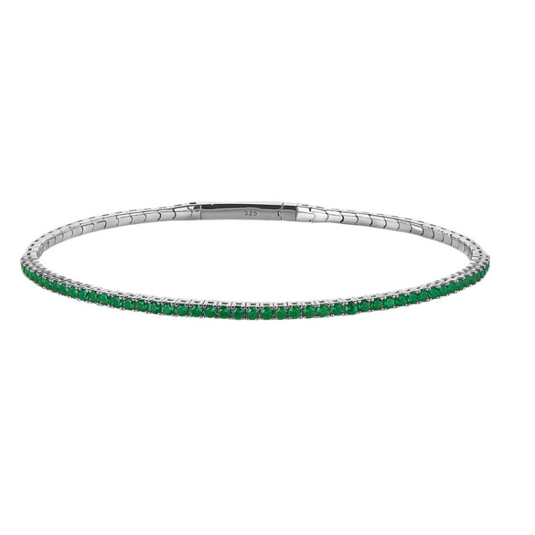 Platinum Finish Sterling Silver Single Row Simulated Emerald Birthstones