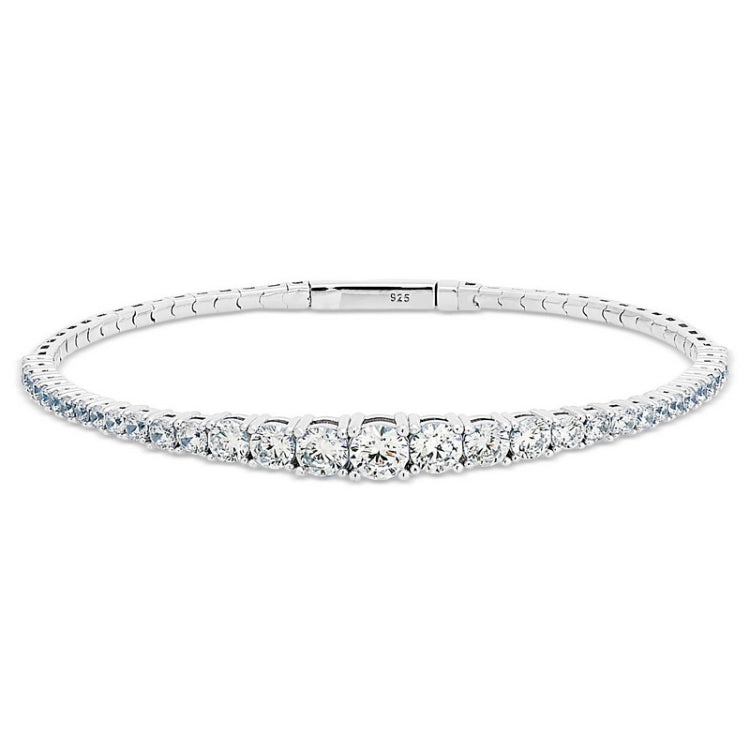 platinum finish sterling silver single row flexible bracelet with large graduated simulated diamonds