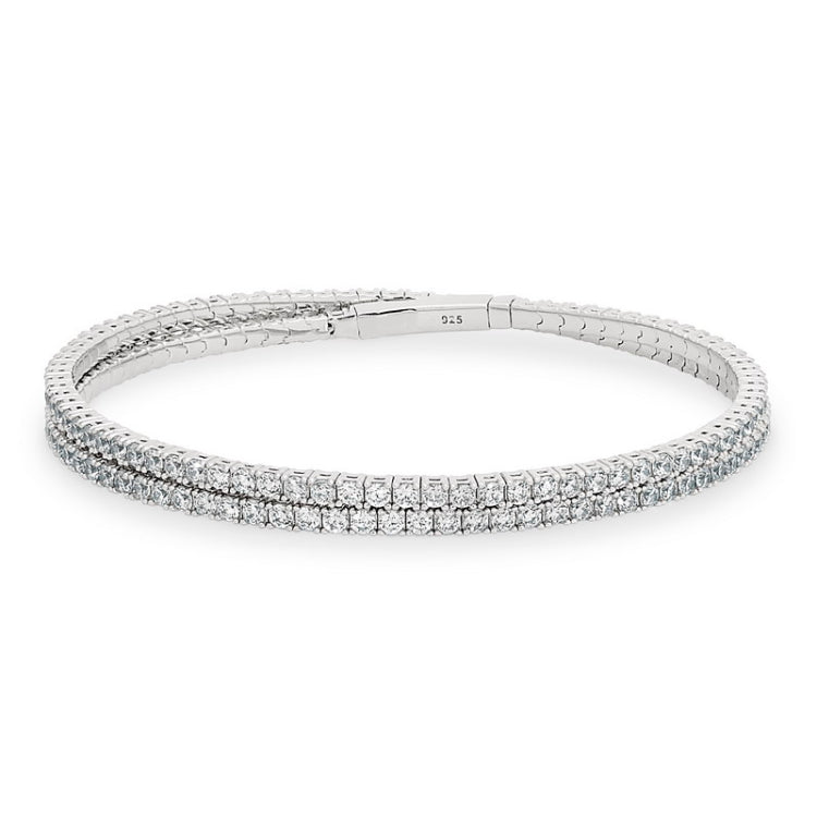platinum finish sterling silver double wrap flexible bracelet with simulated diamonds