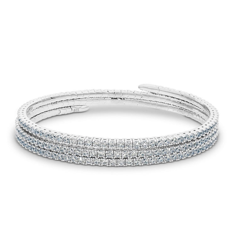platinum finish sterling silver triple wrap flexible bracelet with simulated diamonds