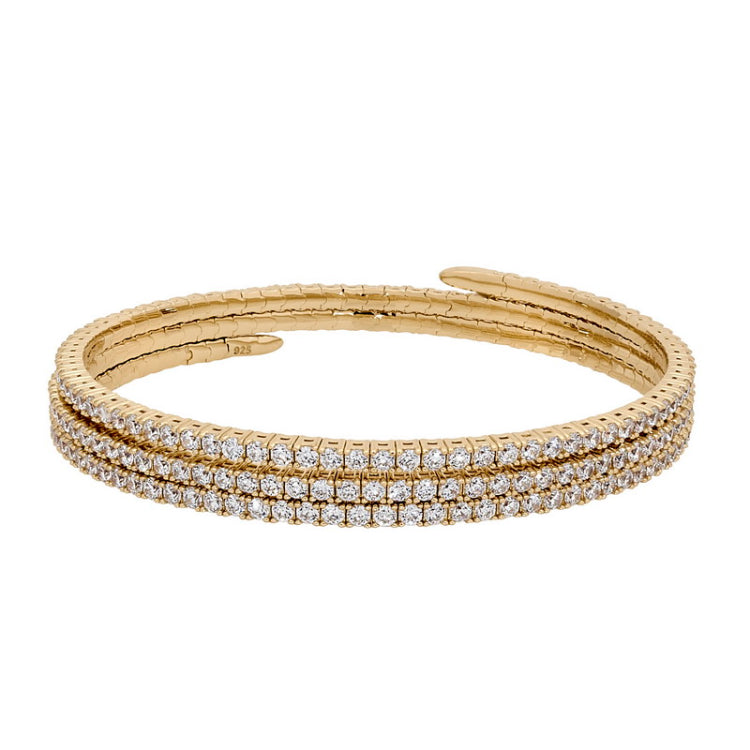 gold vermeil finish sterling silver triple wrap flexible bracelet with simulated diamonds