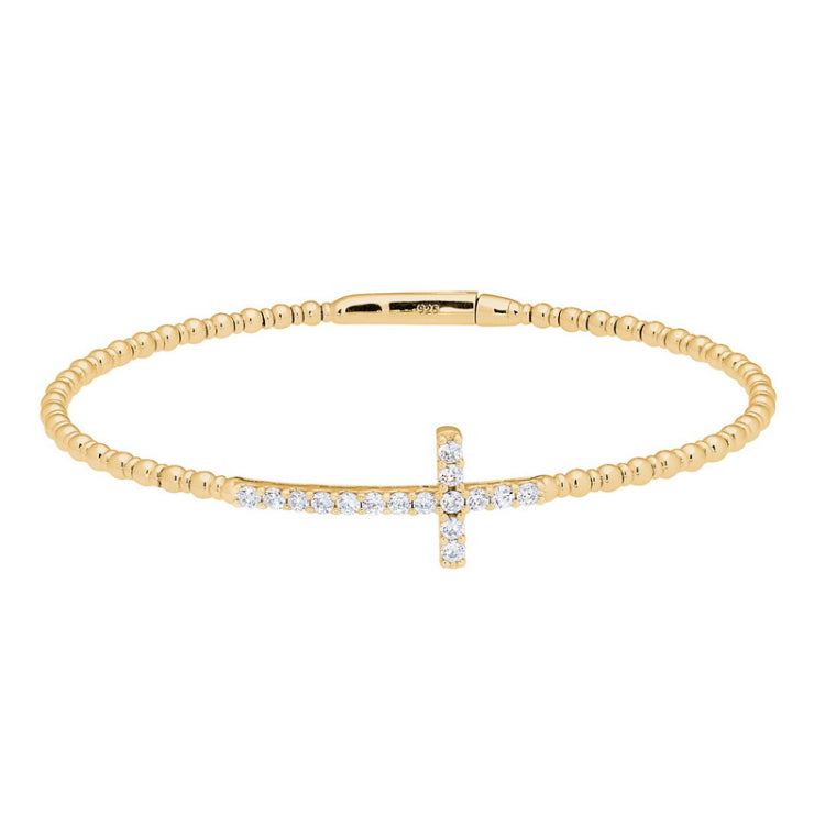 gold vermeil sterling silver cross flexible bracelet with simulated diamonds