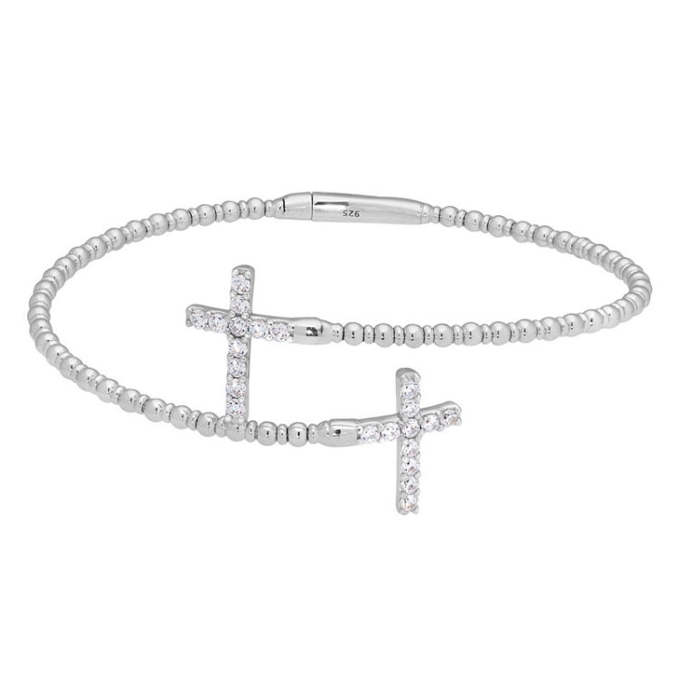 platinum finish sterling silver double cross flexible bracelet with simulated diamonds