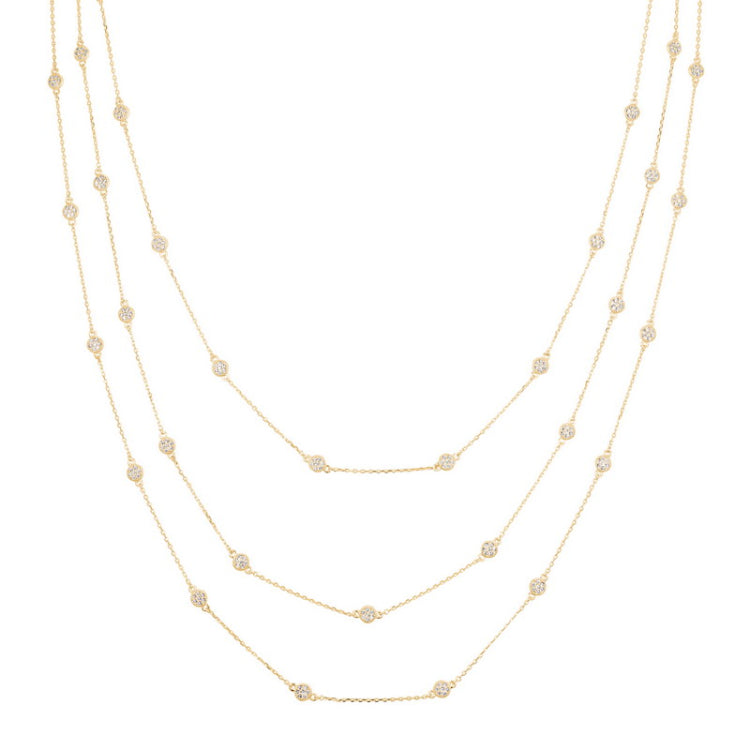 Gold vermeil finish sterling micropave 3 chain layered tin cup necklace with simulated diamonds on 16 - 18 adjustable chain