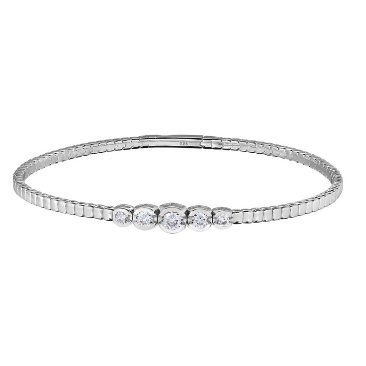 platinum finish sterling silver flexible bracelet with 5 graduated  bezel set simulated diamonds