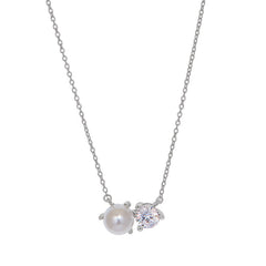 Platinum finish sterling silver necklace with a simulated pearl and a round simulated diamond on 16-18 adjustable chain