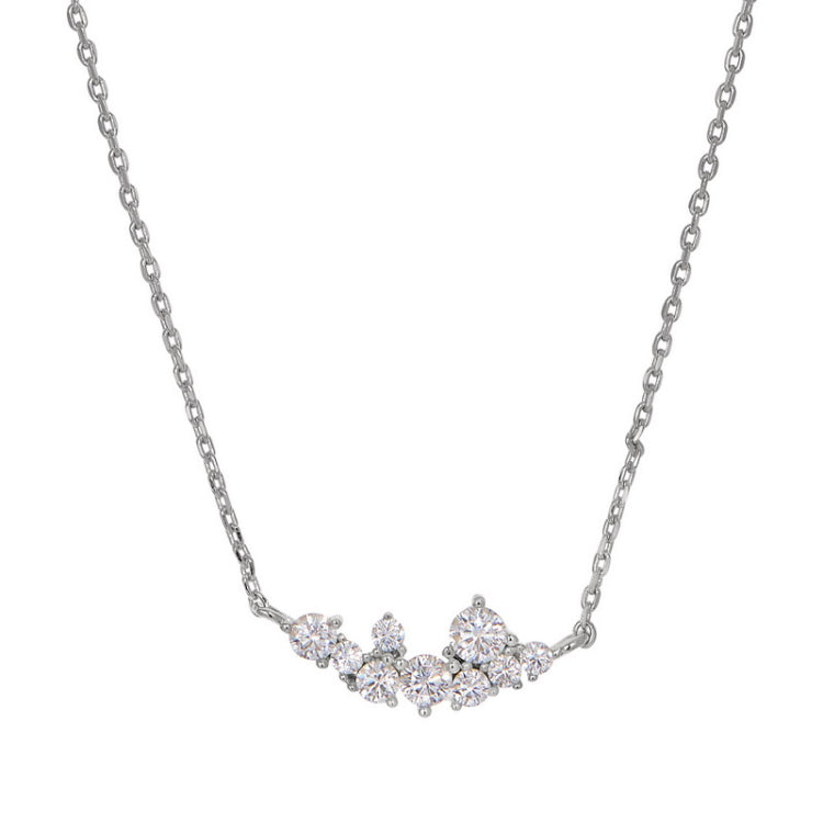 Platinum finish sterling silver necklace with a cluster of simulated diamonds on 16-18 adjustable chain