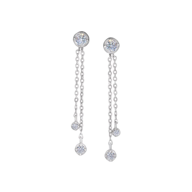 Platinum finish sterling silver simulated diamond double chain drop earrings with a  simulated diamond on each end