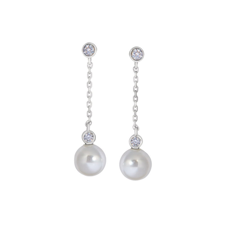 Platinum finish sterling silver simulated diamond single chain drop earrings with a simulated diamond and a simulated pearl