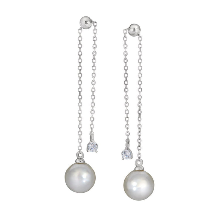 Platinum finish sterling silver earrings with a simulated diamond on one end and a simulated pearl on the other end