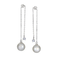 Platinum finish sterling silver earrings with a simulated diamond on one end and a simulated pearl on the other end