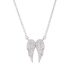 Platinum finish sterling silver angel wings necklace with simulated diamonds on 16-18 adjustable chain